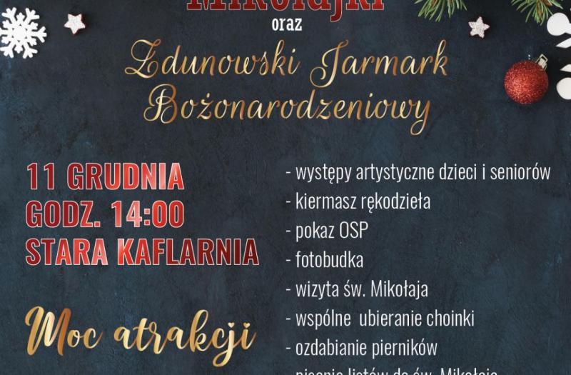 Na zdjęciu plakat informujący o Mikołajkach i Zdunowskim Jarmarku Bożonarodzeniowym